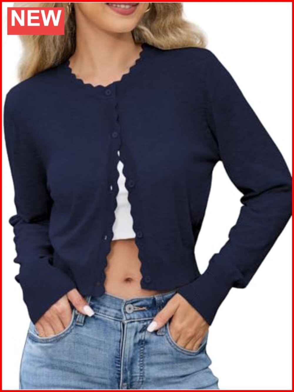 Scalloped Cropped Cardigan Button Down Knit Bolero Shrug - Women's